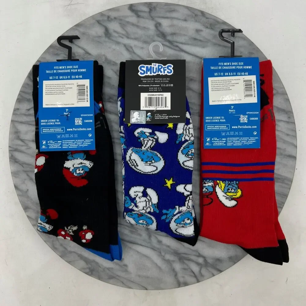 The Smurfs Socks Mens OSFM (6-12) Novelty 90s Cartoon Funny Crew 3 Pairs